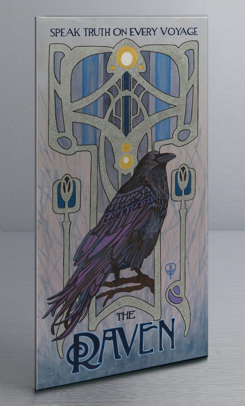 Raven Wall Art | Art Nouveau Raven Print | Norse Mythology Bird Art | Viking Inspired Nature Decor Metal Art Print