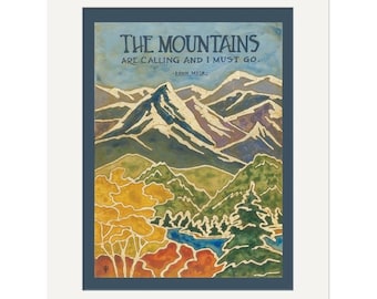 Muir Mountains Wall Art | John Muir Quote Mountains Are Calling | Mountains Landscape Poster | Arts and Crafts Style Mountain Art Print