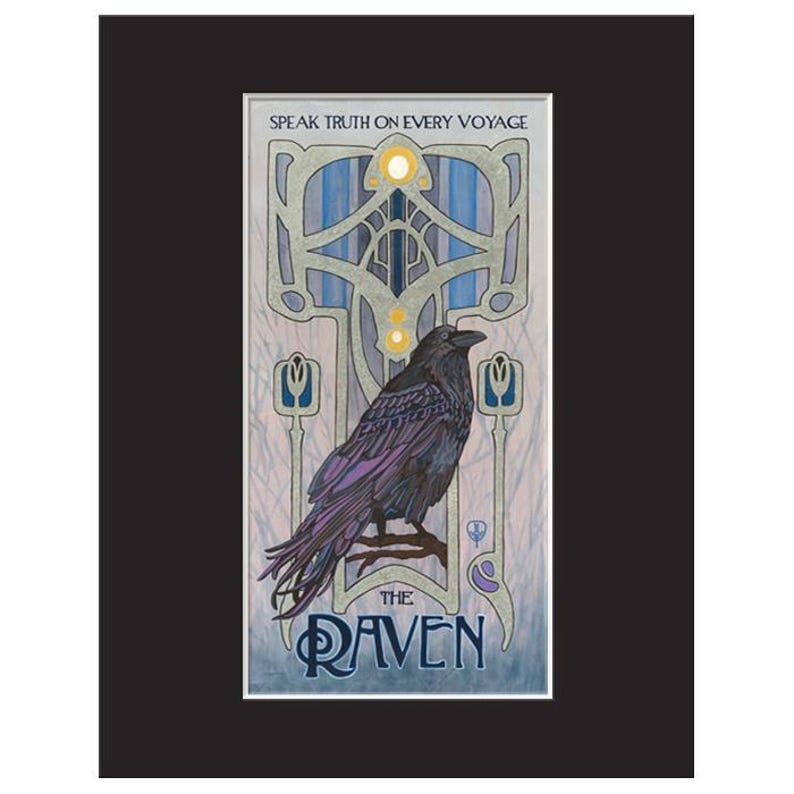 Raven Wall Art | Art Nouveau Raven Print | Norse Mythology Bird Art | Viking Inspired Nature Decor Matted Print