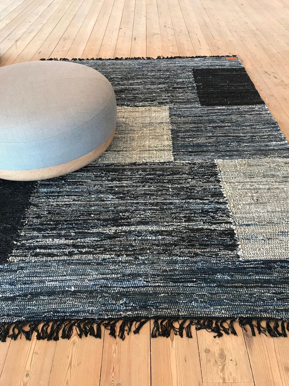Handgewebte Denim Teppich 200 X 300 Cm Skandinavisches Design Etsy