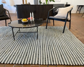 180 x 275 cm rug / 6 x 9 ft, Sustainable striped black white & grey rug, Scandinavian style Chindi, modern decor, CH-KR-004 sample (un-used)