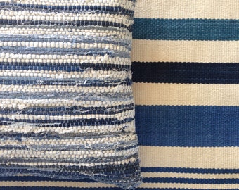 Runner, Scandinavian blue striped Kelim rug 90 x 250 cm, Handmade cotton Dhurrie carpet 3x8 ft, Reversible, Durable, Decorative, DH-013-A