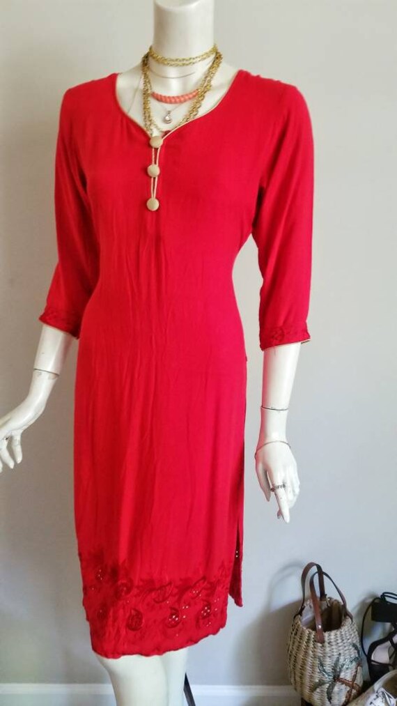 Vintage Red Long Sleeves Shirt Kurta Dress Bottom Embroidery - Etsy