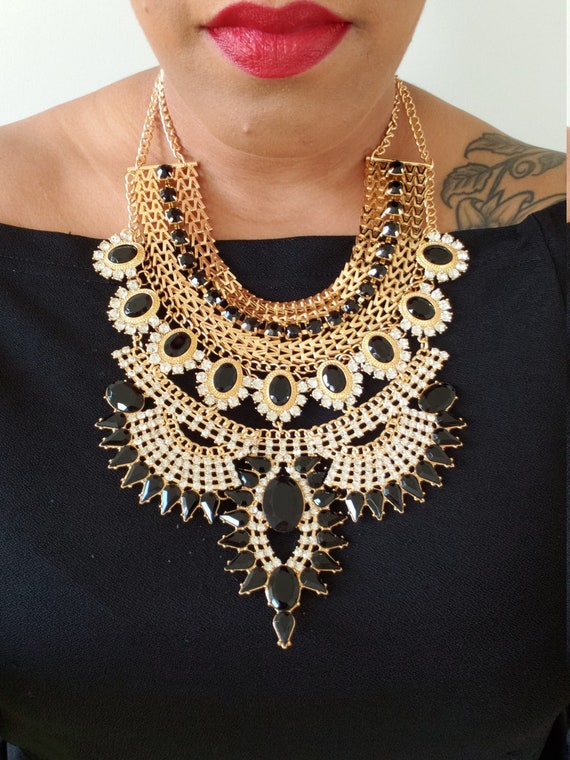Statement Necklace Black Statement Necklace Bib Necklace Black and Gold Chinky Necklace Black Necklace