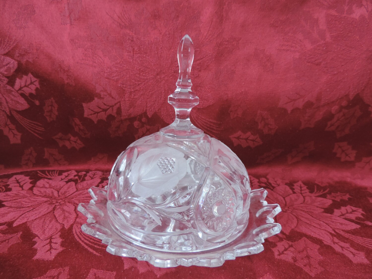 Lead Crystal Cheese Plate with Lid Etched with Floral Pattern Etsy