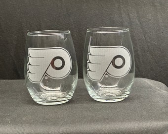 2 etched large stemless wine glasses, Philadelphia Flyers