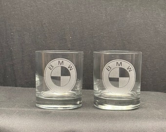 2 Etched 9 oz. Old Fashioned Whiskey glasses-BMW