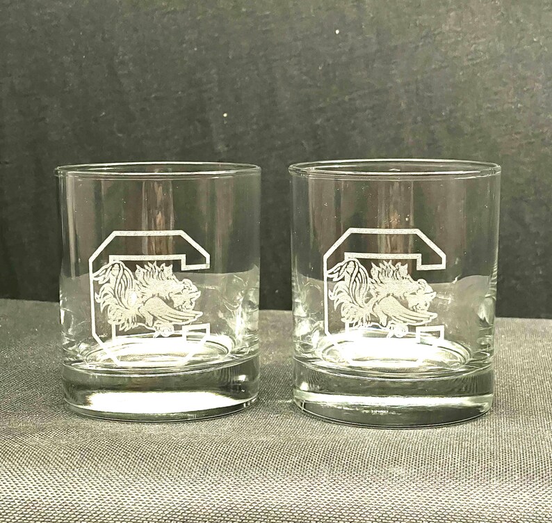 2 Etched 9 oz. Old Fashioned Whiskey glasses-South Carolina Gamecocks image 1