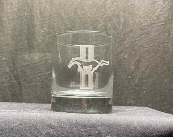 Etched 9 oz. Old Fashioned Whiskey glasses- Mustang logo ( Front) & FORD logo(Back)   SEE the video!