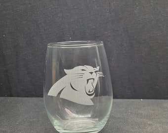 Etched Large Steamless  Wine Glasses , Carolina Panther