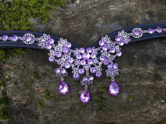 Bride à Sourcils (Browband) 3 Rangs Cristaux Sur Cuir Bleu