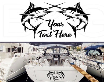 Texte personnalisé Marlin Decal, Décalcomanies personnalisées de makaire bleu, autocollants de pêche, autocollant de poisson Marlin, décalcomanie en vinyle de bateau, décor de poisson, B&G