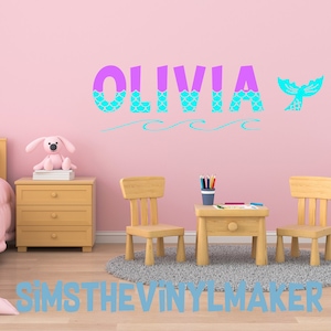 Calcomanía de fuente de sirena con nombre personalizado / Calcomanía de vinilo con nombre personalizado / Decoración de guardería para niñas / Calcomanía de vinilo con nombre de barco / Calcomanía de vinilo para guardería y calcomanía de pared
