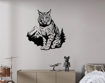 Duża naklejka Bobcat, Bobcat & Mountain wall art, Wildcat vinyl sticker, Lynx sticker, Adventure wall decor, Bobtail sticker, Animal vinyl Decal