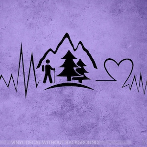 May include: Black and white silhouette of a hiker with a backpack and walking stick, standing in front of a mountain range with two pine trees. A heart is in the middle of a heartbeat line.