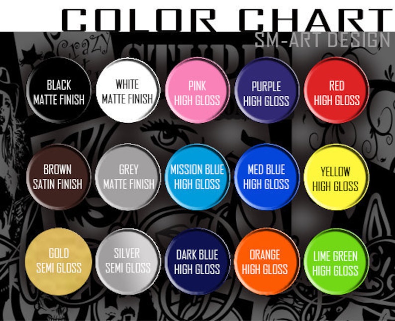 K&ouml;nnte beinhalten: Farbkarte mit 12 verschiedenen Farben und Ausf&uuml;hrungen. Die Farben sind Schwarz, Wei&szlig;, Rosa, Lila, Rot, Braun, Grau, Missionsblau, Mittelblau, Gelb, Gold, Silber, Dunkelblau, Orange und Limettengr&uuml;n. Die Ausf&uuml;hrungen sind matt, satiniert, hochgl&auml;nzend und seidenmatt.