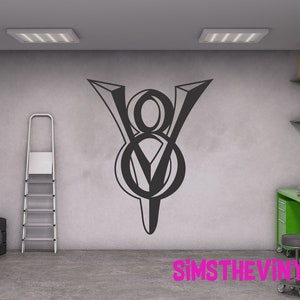 V8 Emblem Vinyl Decal, Large V8 Crest wall mural, V8 Motor Sticker, Garage wall art decal, V 8 Truck Engine decal, Man cave wall decor