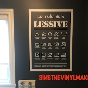 Les regles de la lessive decal, auto-collant etiquettes de lavage, lessive vinyl decal, french laundry room décor, décoration salle lavage