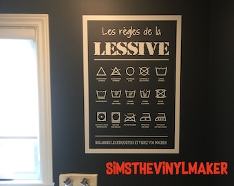 Les regles de la lessive decal, auto-collant etiquettes de lavage, lessive vinyl decal, Franse wasruimte decor, decoration salle lavage