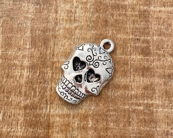 Pewter Sugar Skull Charm: Latina Jewelry, Halloween Charm