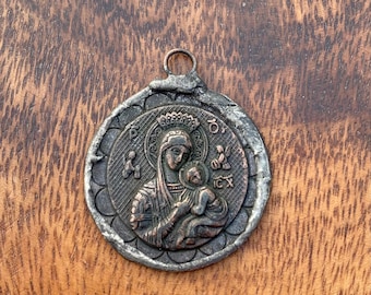 Our Lady of Perpetual Help Round Pendant, Catholic Medal, Rustic pendant, Religious Medallion, Religious Medal, Christian Charm