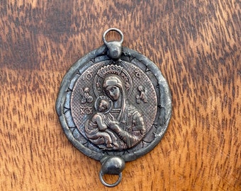 Our Lady of Perpetual Help Round Connector, Catholic Medal, Rustic Medal, Religious Medallion, Religious Medal, Christian Charm