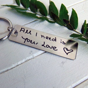 May include: Silver keychain with a rectangular tag that says "All I need is your love" with a hand-drawn heart.