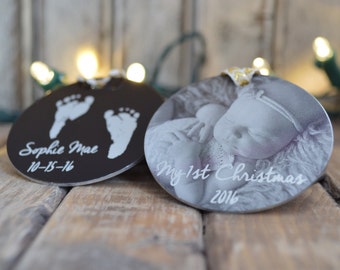 My First Christmas Photo Ornament - Personalized 2" Circle Ornament - Add Photos, Handwriting, Custom Text -Design Your Own Christmas Gifts