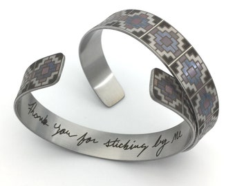 Personalized Color Pattern Cuff Bracelet -.5" -YOUR HANDWRITING or Font Text - Personalized Inside Engraving - Stainless Steel Bracelet Cuff