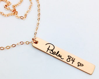 Rose Gold Handwritten Bar Necklace - No Tarnish Titanium Stainless Steel -Your Actual Handwriting or Font Text, Name Plate Vertical Necklace