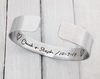 Secret Message Handwritten Stainless Steel Cuff - .5"x 6" Adjustable Cuff - Optional Inside and/or Outside Custom Engraving - Personalized