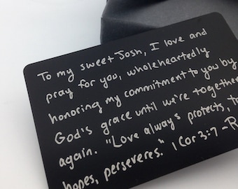 Your Handwritten Wallet Card, Engraved Anodized Black Metal Wallet Insert - Add your photo, handwriting or font text