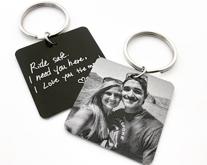 Personalized Photo Keychain -Square Pic-Customized w/Your Handwritten (or Font) Message- Laser Etched Design - Unique Gift Ideas for Friends