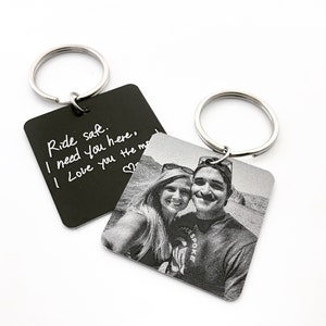 Personalized Photo Keychain -Square Pic-Customized w/Your Handwritten (or Font) Message- Laser Etched Design - Unique Gift Ideas for Friends