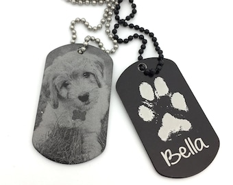 Pawprint Pet Tag - Custom Photo, Text, & Handwriting Options - Black Aluminum Dog Tag Necklace - Your Pets Actual Paw Print- "Paw"fect Gifts