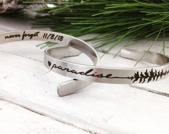 Paradise Stainless Steel Cuff Bracelet - .25" x 6" Adjustable Cuff - never forget 11/8/18 inside engraving included - Remembrance Gift