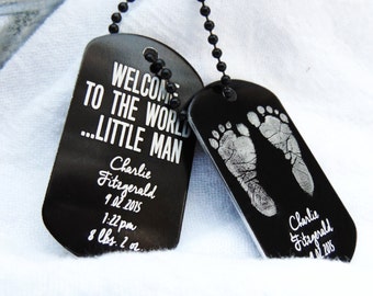 Baby Footprints Dog Tag Engraved- black photo dog tag-Welcome to the world, birth announcement, baby keepsake, gift for new parents