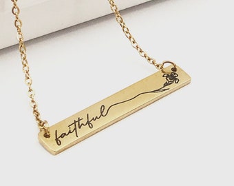 Faithful Iris Yellow Gold Horizontal Bar Necklace - 1.45” x .24” hand drawn Bar Pendant - 18” chain- hypoallergenic- personalized options