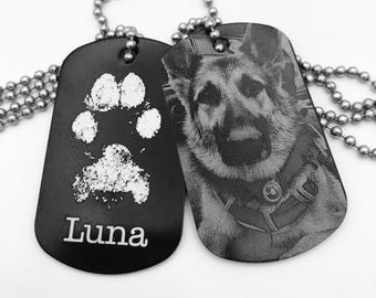 Pawprint Pet Tag - Custom Photo, Text, & Handwriting Options - Black Aluminum Dog Tag Necklace - Your Pets Actual Paw Print- "Paw"fect Gifts
