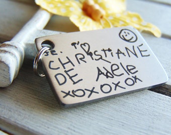 Children's Handwritten Key Chain -Your Handwritten Image, or Custom Font Text Option_Laser Engraved_ Stainless Steel Rectangle Keychain<NEW!