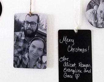 Your Photo Card Gift Tag or Ornament - Personalized w/your Photo, Handwriting, or Font Text - Engraved Metal Holiday Decoration & Wrapping