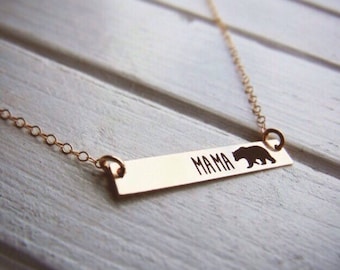 Yellow Gold Mama Bear Horizontal Bar Necklace - Perfect For Layering - Bar Pendant For mothers - personalized engraving options- mom gifts