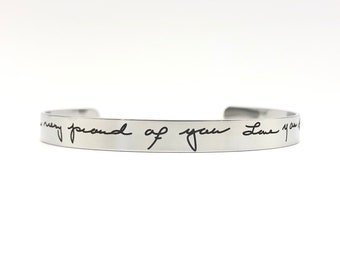 Stainless Steel Cuff Bracelet - .25" x 6" Adjustable Cuff -with Your Handwriting, Optional Inside and/or Outside Custom Engraving Options