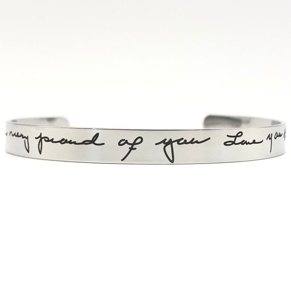 Stainless Steel Cuff Bracelet - .25" x 6" Adjustable Cuff -with Your Handwriting, Optional Inside and/or Outside Custom Engraving Options