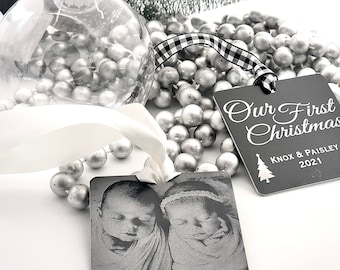 2022 1st Christmas Personalized Photo Ornament -2.5” Square Engraved Metal Christmas Ornaments- Use Your Photo, Handwriting, or Custom Text