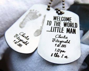 Baby Footprints Dog Tag Engraved- Stainless steel dog tag-Welcome to the world, birth announcement, baby keepsake, gift for new parents