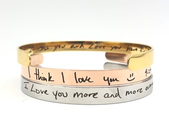 Handwritten Stacking Cuff Bracelets - .25" x 6" Adjustable Cuff -Hypoallergenic- Optional Inside/Outside Engraved -Personalized & Meaningful