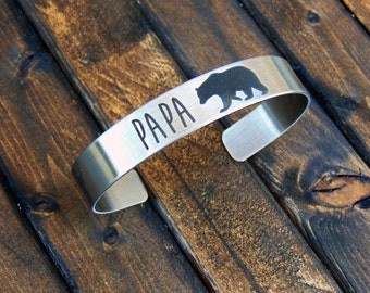 PAPA Bear Stainless Steel Cuff -add YOUR HANDWRITING - or - your text, inside engraving too-  cuffs for men- Father's Day Gifts