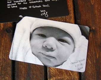 Father's Pride Picture Wallet Insert- Custom Front & Back Engraving Options - with Your Handwriting, or Font Choice - Baby Keepsake, for Him
