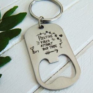 Bottle Opener Dog Tag - Key Chain or Ball Chain - Your Handwriting _ or Desgin _ or Custom Font Text - Laser Engraved - Stainless Steel Tag